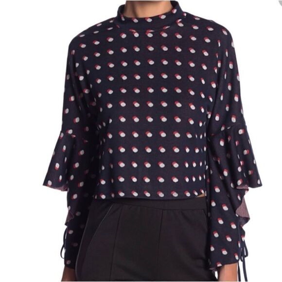 BCBGeneration Blue, Red & White Polka Dot Flutter Sleeves Mock Neck Crop Top - Picture 6 of 16